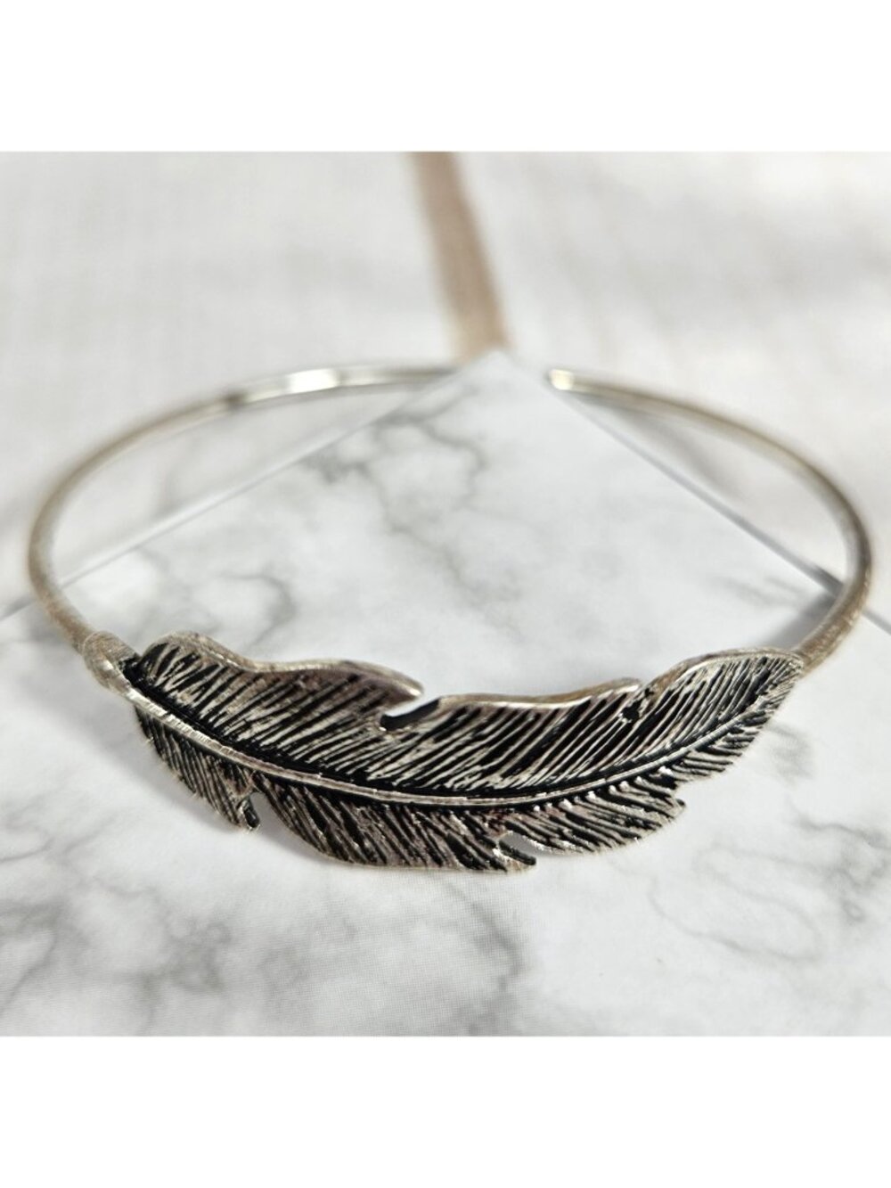 Silver Tone Feather Bangle Bracelet Narrow Stackable Native American Boho Bird